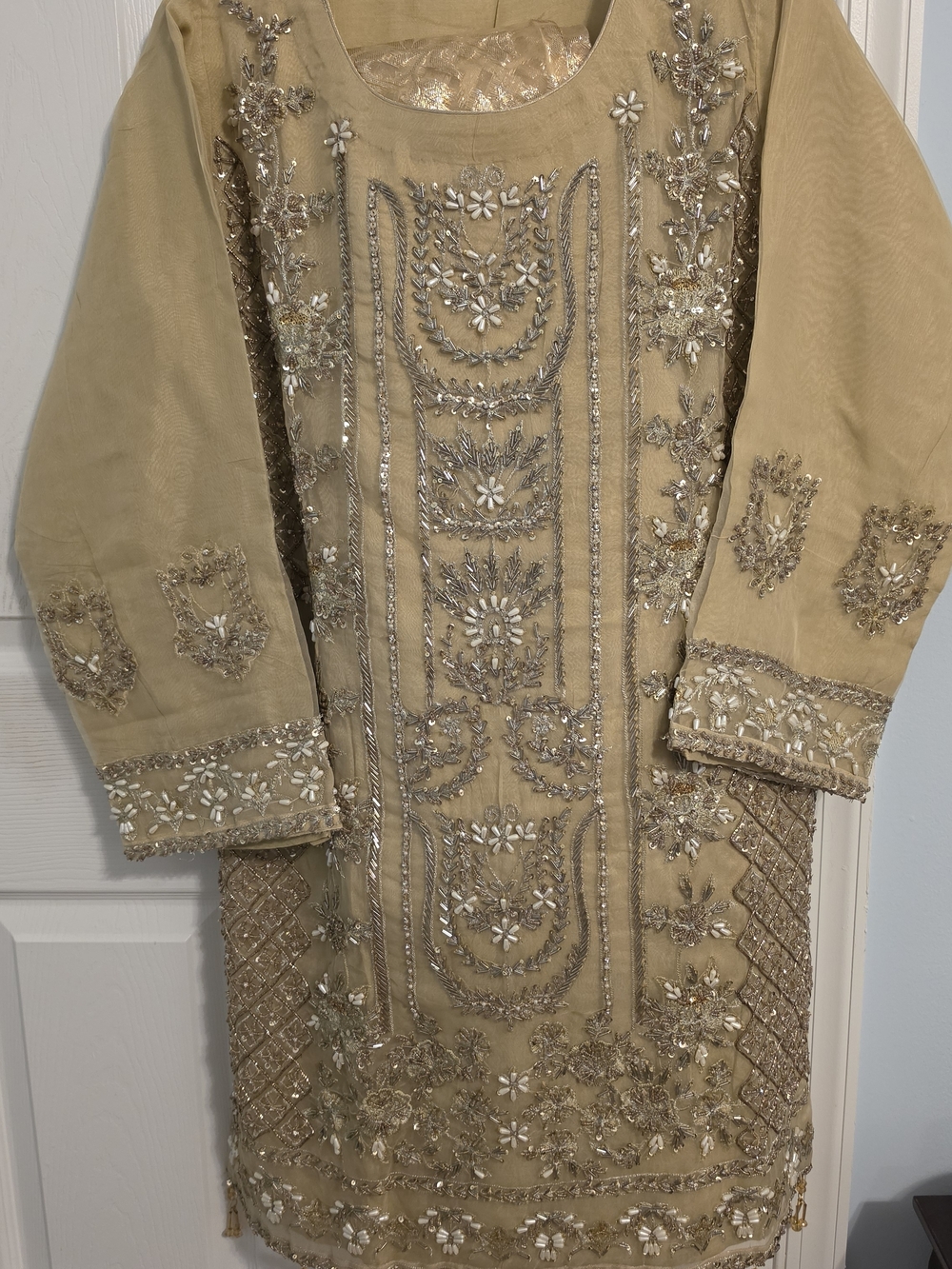 Embellished Elahe Ethnic Tunic Dress Gold Beige With Palazzo Wide Leg Pants